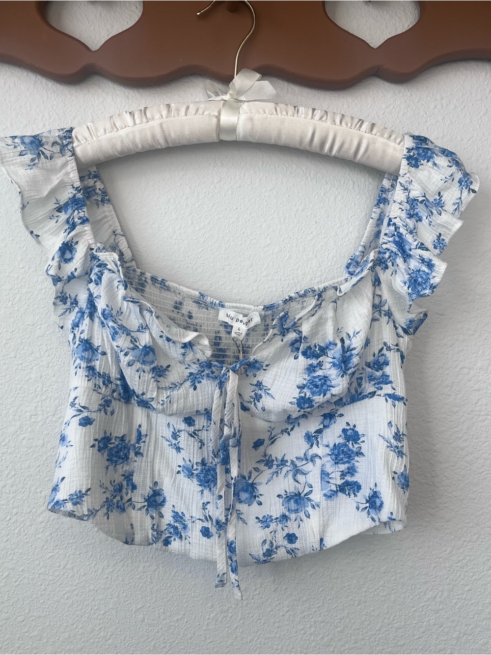 Blu Pepper White Crop Top with Blue Floral Print and Ruffle Straps